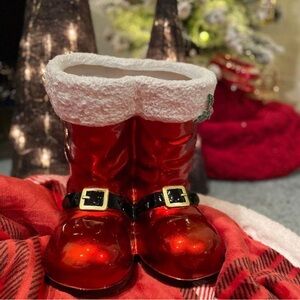 Santa Claus Big Red Boots 9.5” Resin Planter With Fur For Christmas Holidays New